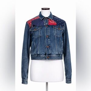 Polo Ralph Lauren Women's Denim Jacket XL Trucker Bandana Paisley Patchwork Flag